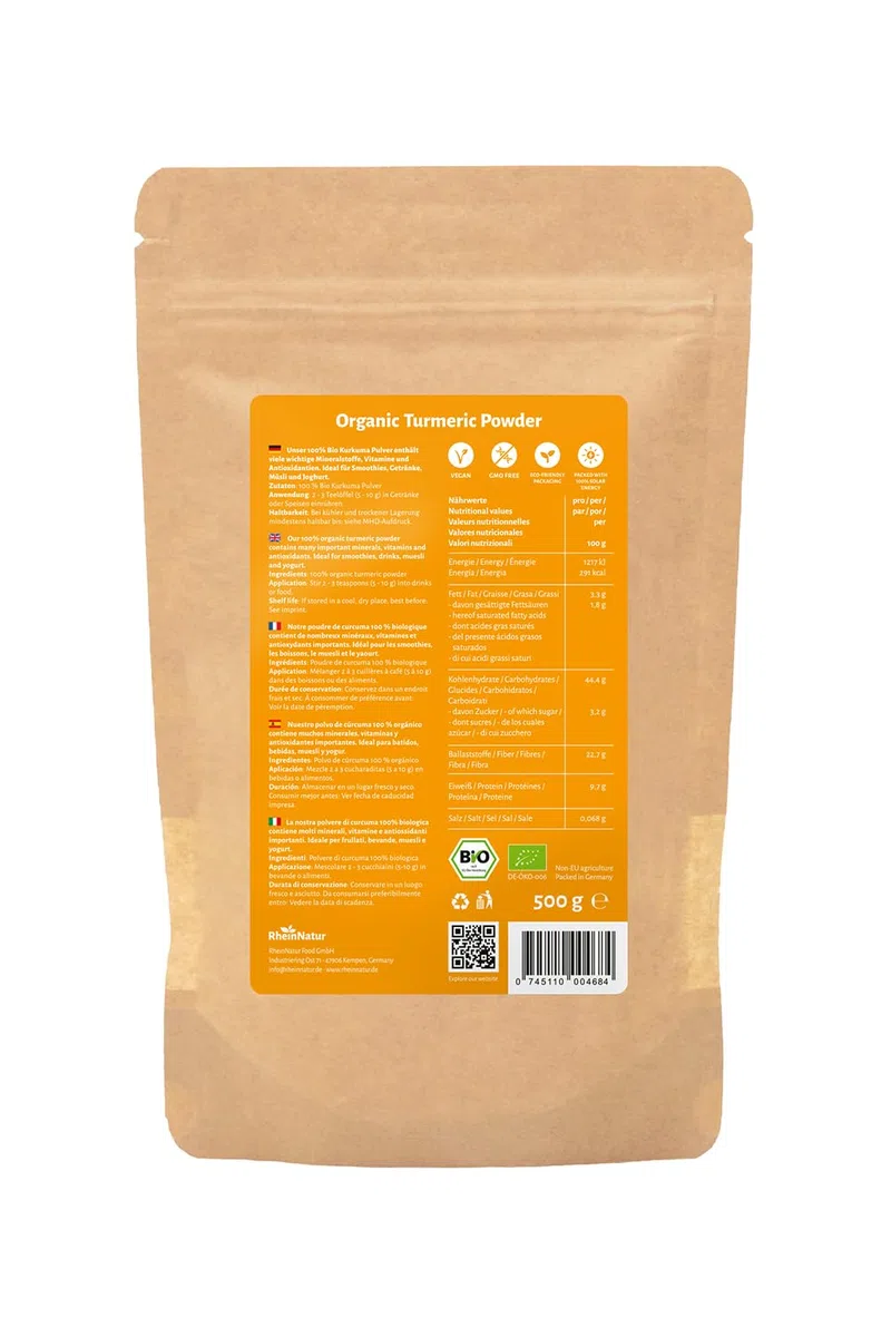 RheinNatur Bio Kurkuma Pulver 500 g - 100% fein gemahlene Kurkumawurzel