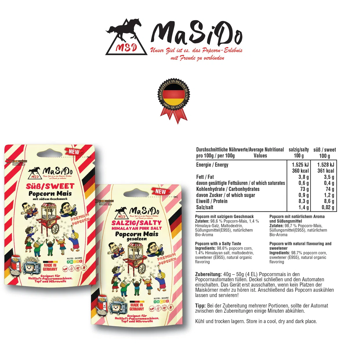 MSD MaSiDo süßes Premium Popcorn Mais aus Deutschland, Butterfly Mais Vorratspack, ohne Gentechnik, glutenfrei, laktosefrei (2x 0,5 kg Packung süß)