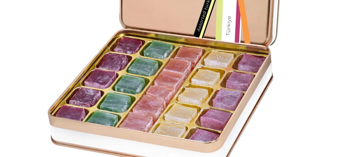 Assorted Turkish Delight Mix, Rose, Minze, Orange, Zitrone und Granatapfel Geschmack, Lokum Dessert Gourmet Geschenkbox Dose, 500g, Ca. 26 Stück, Chateau De Mediterranean