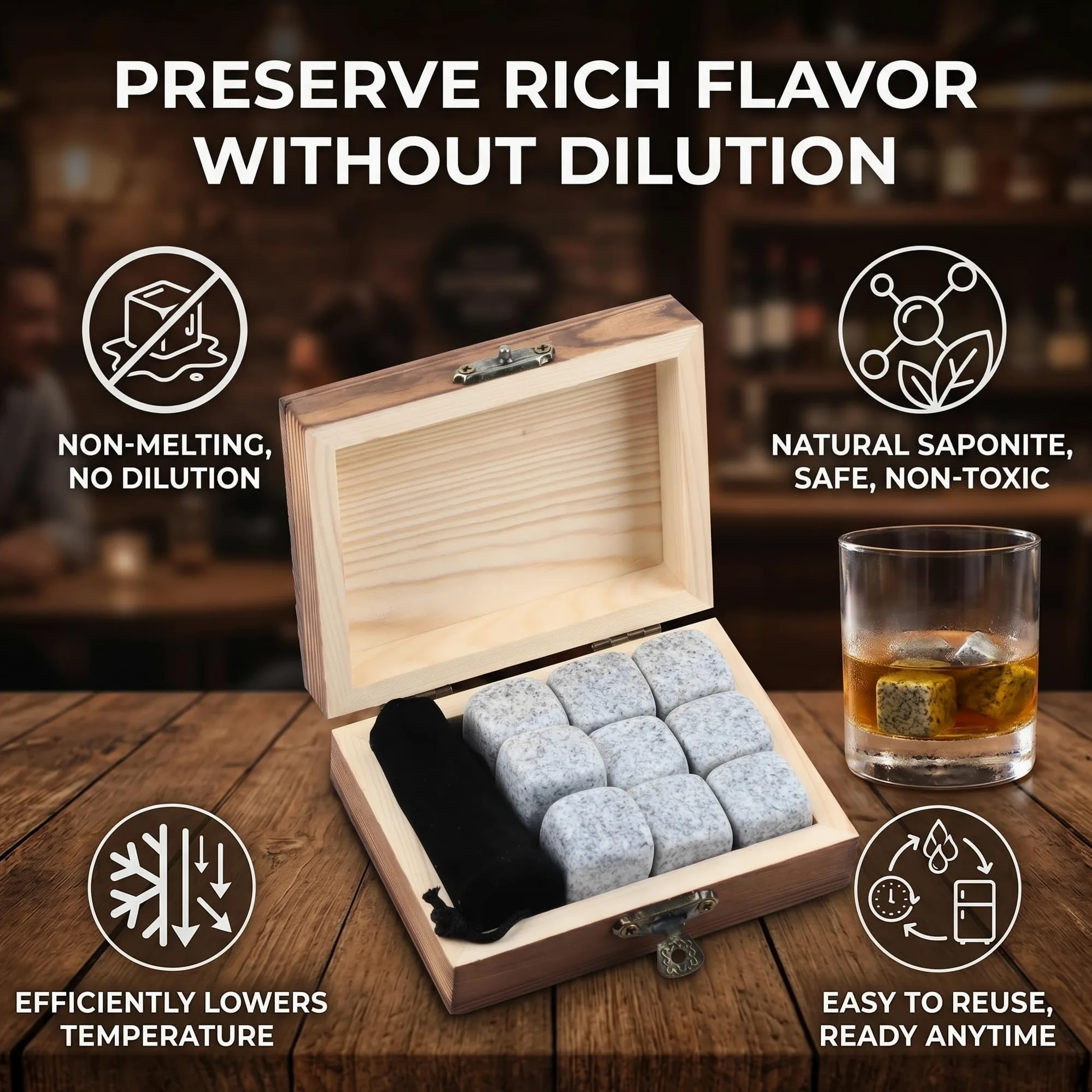 Whisky Steine Set, 9 Stück Kühlsteine, Wiederverwendbare Eiswürfel, Geschenkset aus Granit, Kühlwürfel mit Holzbox (weiß)