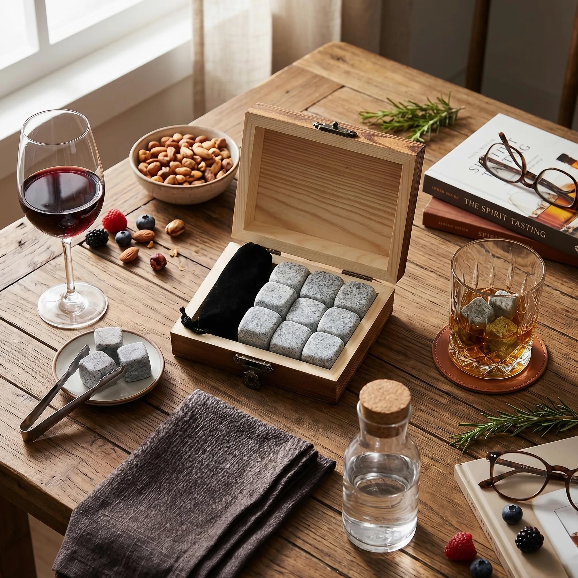 Whisky Steine Set, 9 Stück Kühlsteine, Wiederverwendbare Eiswürfel, Geschenkset aus Granit, Kühlwürfel mit Holzbox (weiß)
