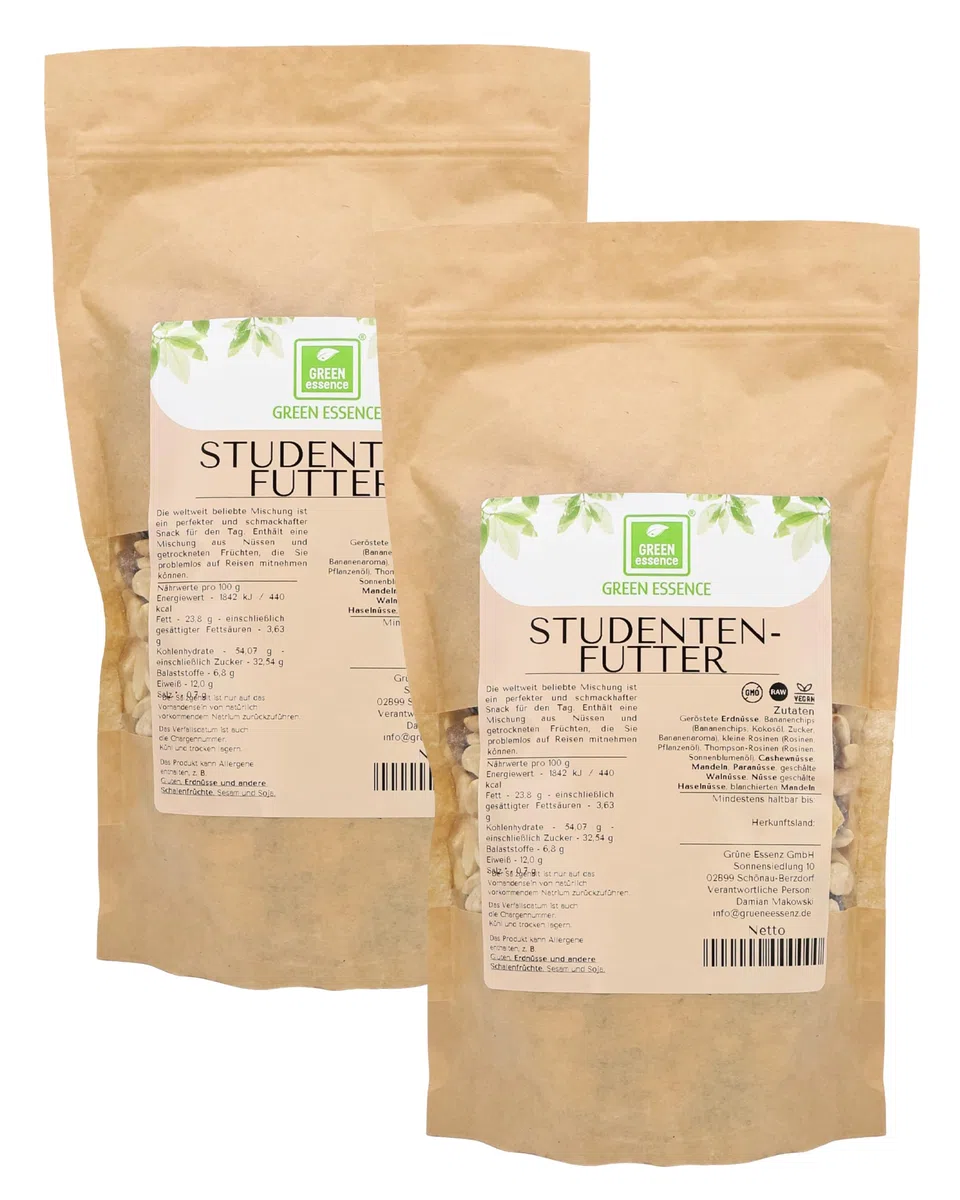 Studentenfutter 1kg von Green Essence Fertigsnack mit Nüssen: Paranüsse Walnüsse, Haselnüsse, Cashews und Erdnüsse, Mandeln, Bananenchips und Sultaninen
