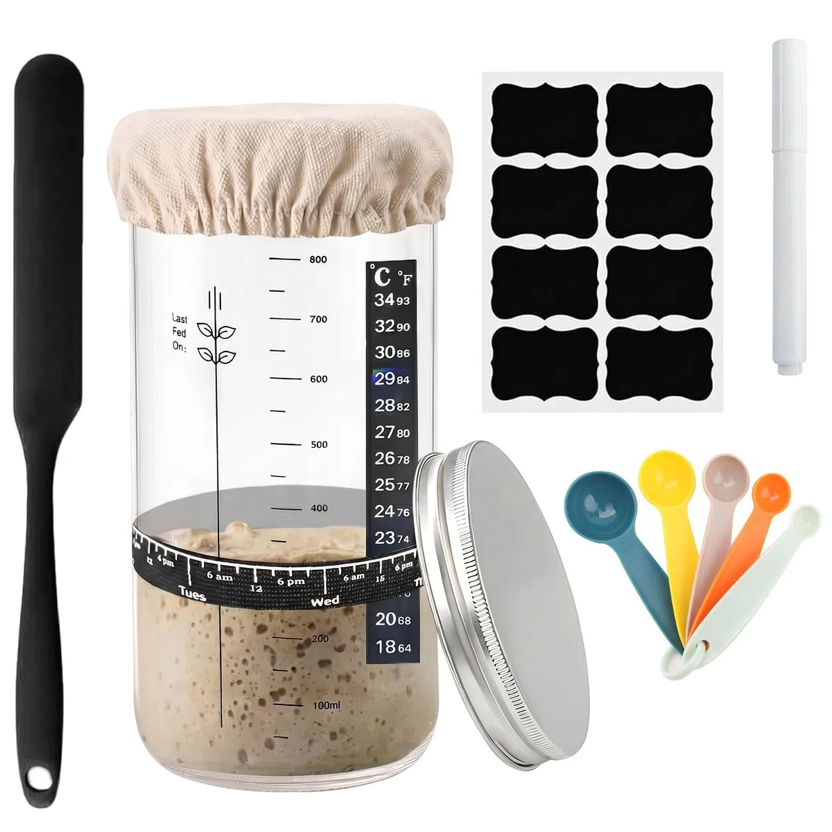 9-teiliges Sauerteig Starter Set, 1000ml Sauerteig Glas | Mit Deckel, Spatel, Löffel, Liner, Wiederverwendbar, Für Anfänger geeignet, Für Brotbacken und Fermentation