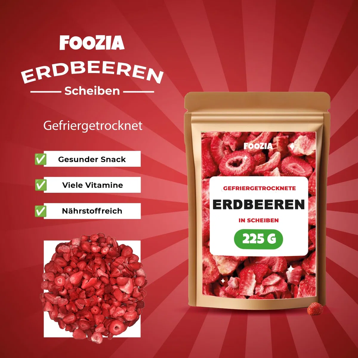Erdbeeren gefriergetrocknet 225g Scheiben, Natürliche Getrocknete Erdbeere Ohne Zusätze 100% Pur - Gefriergetrocknete Früchte Snack - Gefriergetrocknete Trockenfrüchte von Foozia