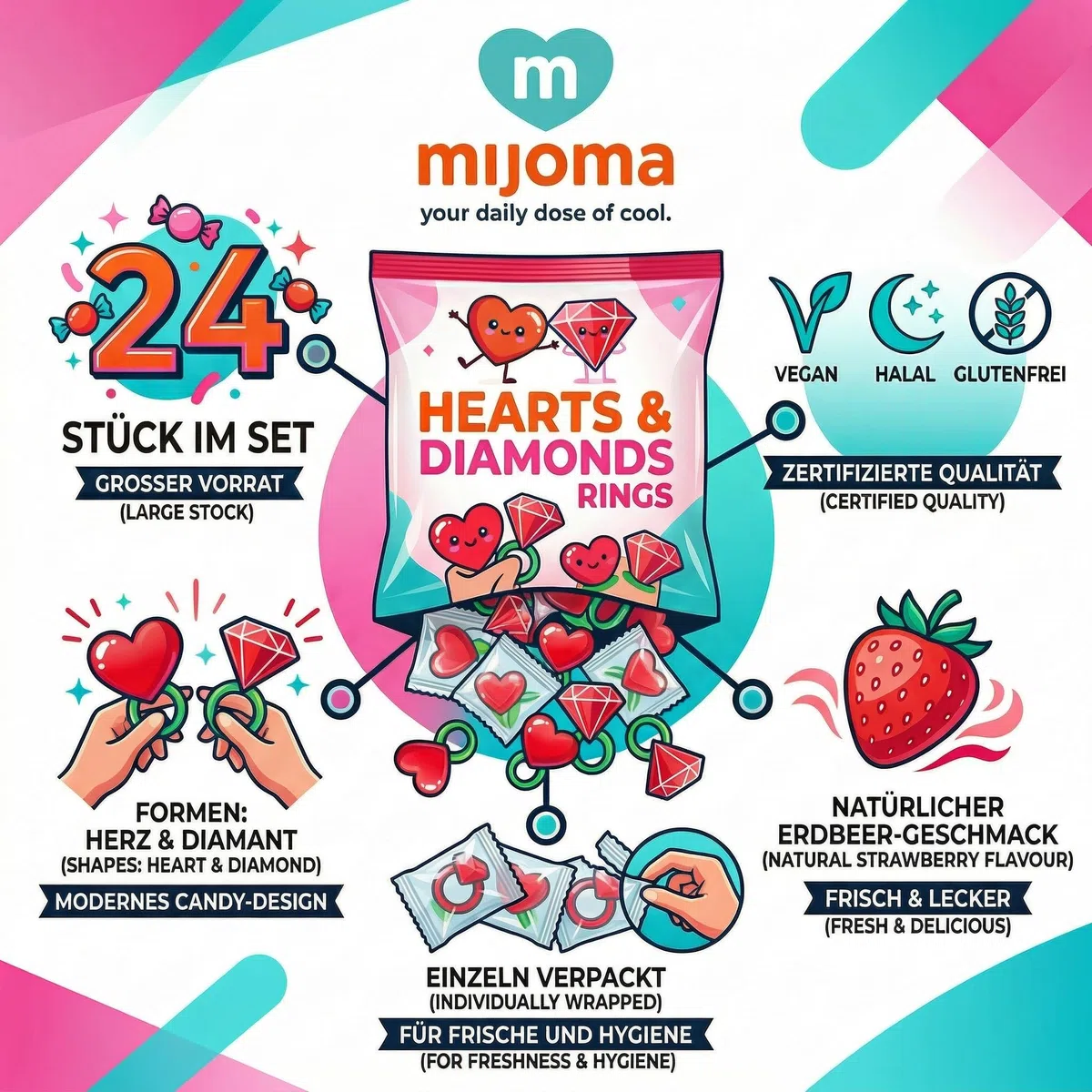 MIJOMA Lollipop-Ring Set 3x80 g – Erdbeer-Lutscher einzeln verpackt – Herz- sowie Diamantform – vegan halal glutenfrei für Candy-Bar und Feiern