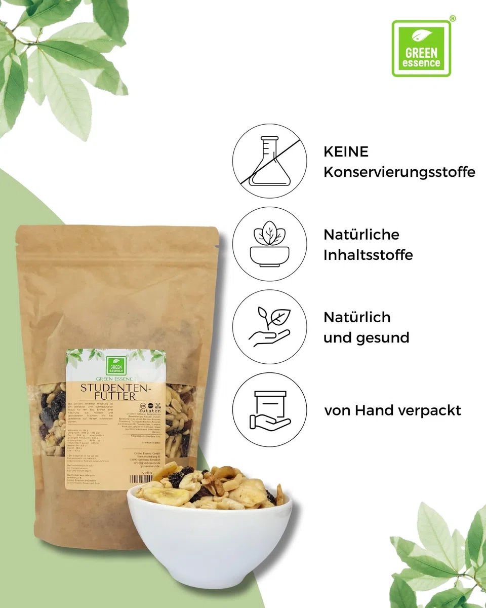 Studentenfutter 1kg von Green Essence Fertigsnack mit Nüssen: Paranüsse Walnüsse, Haselnüsse, Cashews und Erdnüsse, Mandeln, Bananenchips und Sultaninen