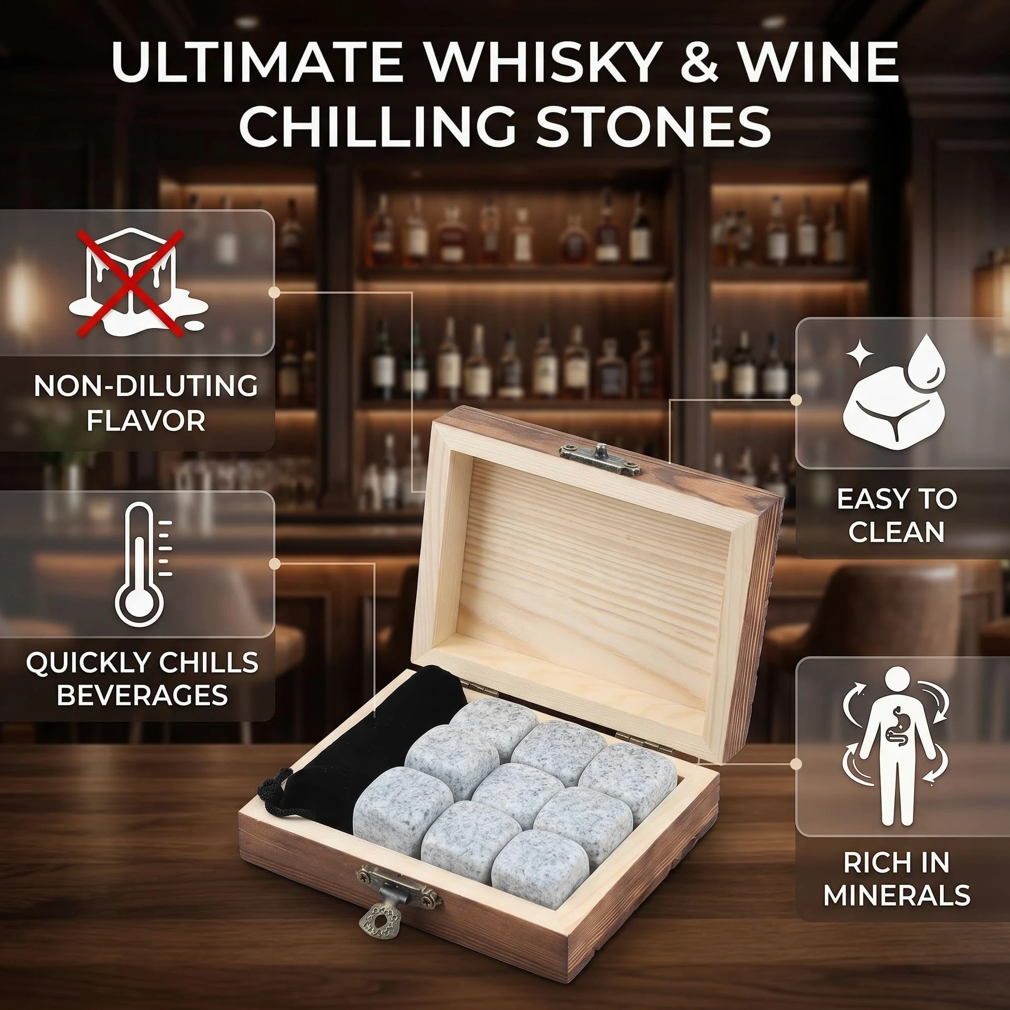 Whisky Steine Set, 9 Stück Kühlsteine, Wiederverwendbare Eiswürfel, Geschenkset aus Granit, Kühlwürfel mit Holzbox (weiß)
