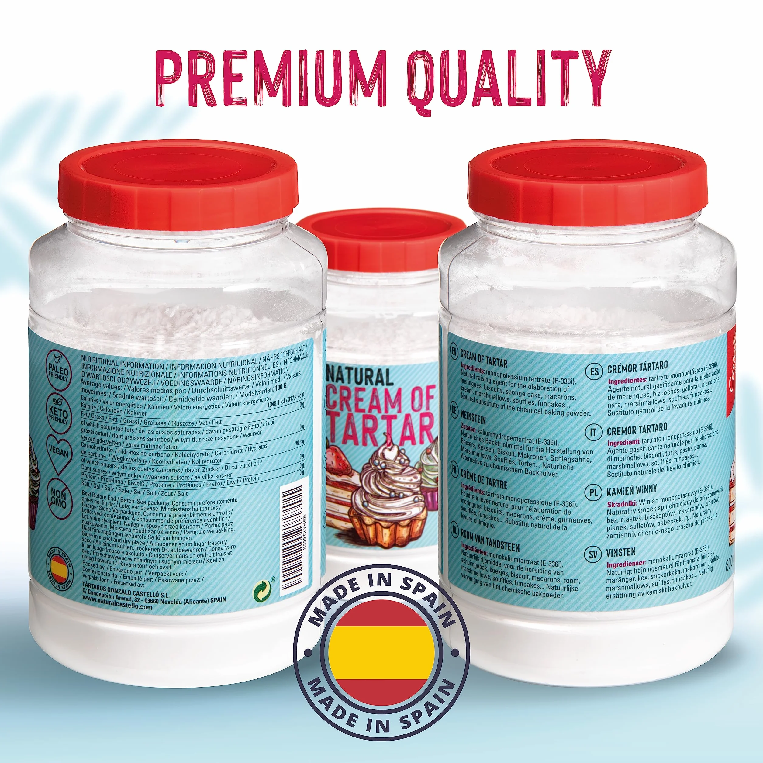 Weinstein Backpulver - 100% Natürlich - Ergänzung mit Natron - Spezialisiert auf die Zubereitung von Backwaren - Hochwertige Lebensmittelqualität - Glutenfrei - GVO-frei - Castello since 1907-800 g | 100 % natürlich, glutenfrei, gentechnikfrei, speziell f