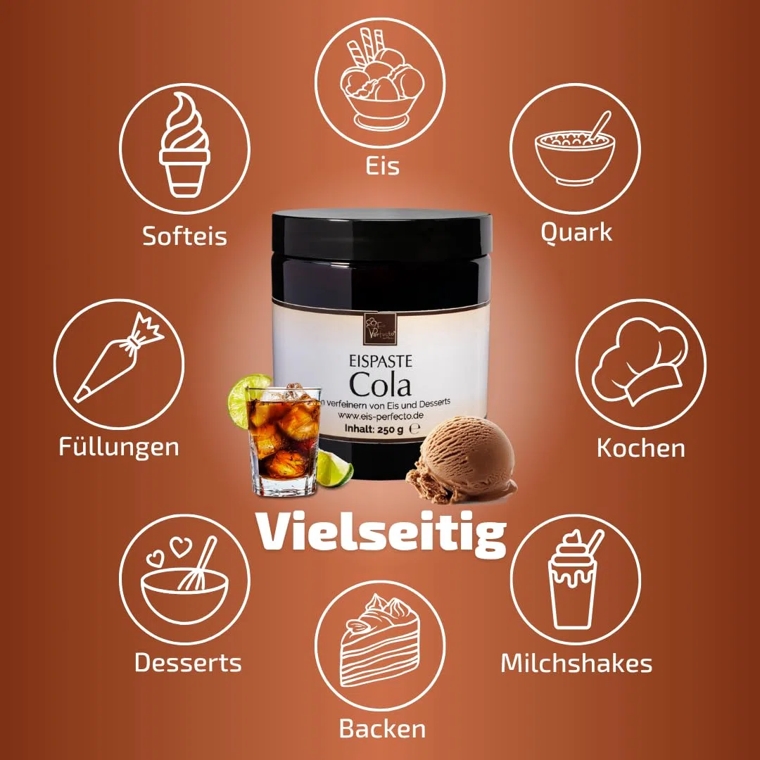 Cola Eispaste Aroma Variegatos Eis Desserts Pralinen Paste zum Verfeinern von leckerem Eis Getränke Kuchen Kekse Tortencremes Eiscremes uvm. Inhalt 250 g