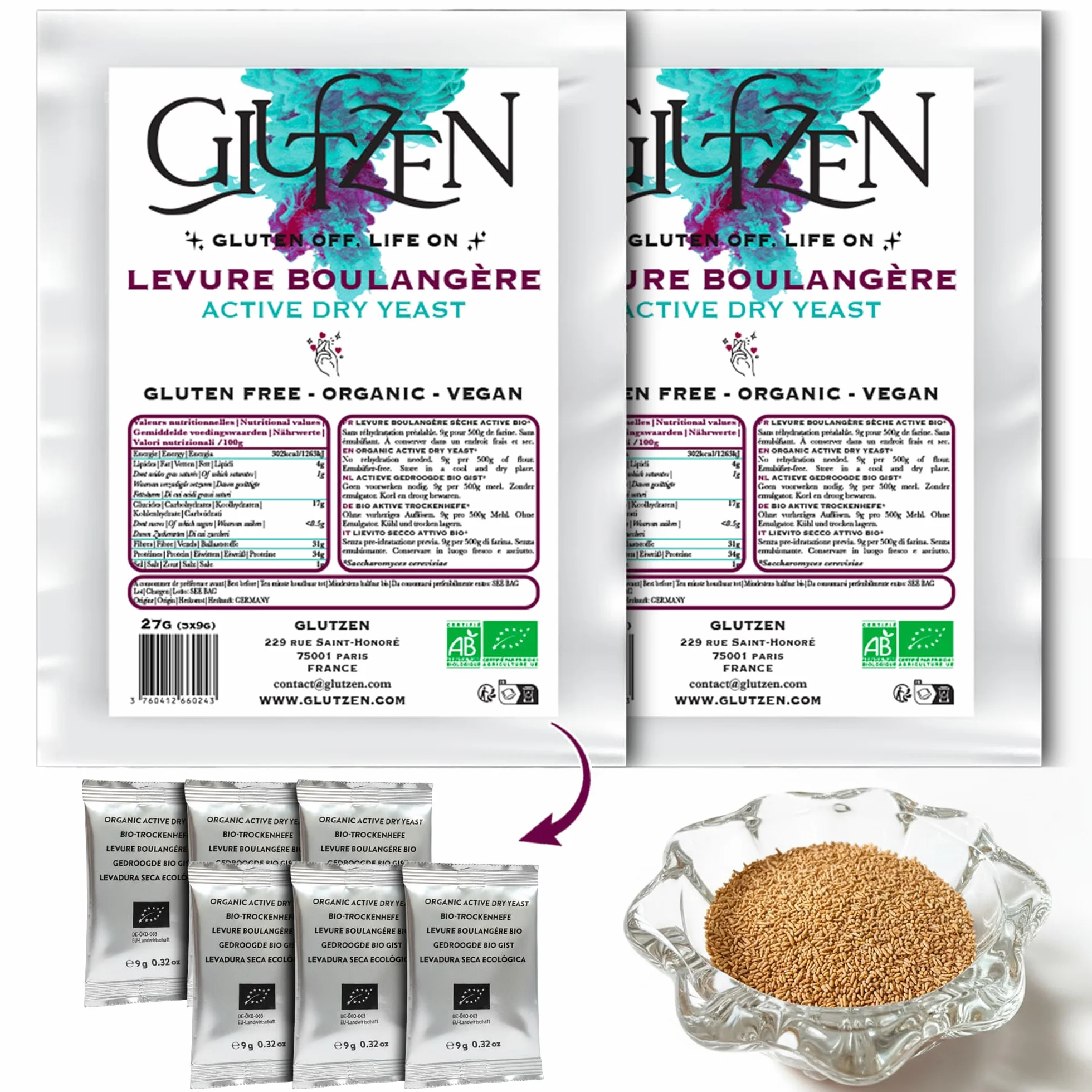 Trockenhefe Instant Glutenfrei Bio GLUTZEN. 6x9g. Backhefe für Brot, Pizza und Teig. Ohne Voraktivierung. Profi Qualität. Zöliakie, Vegan, Allergenfrei