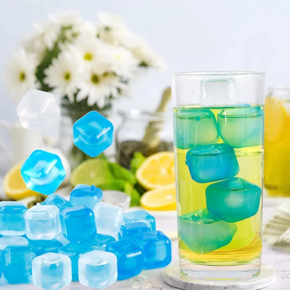 60 Stück Eiswürfel wiederverwendbar, Party-Eiswürfel bunt 2.54cm, mit Box Eisklemme Getränke (Blau und Weiß)
