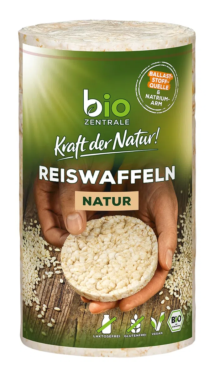 biozentrale Bio Reiswaffeln Natur | 12er Pack (12x100 g) | Ballaststoffquelle | Vegan | Glutenfrei | Mit Sesam verfeinert