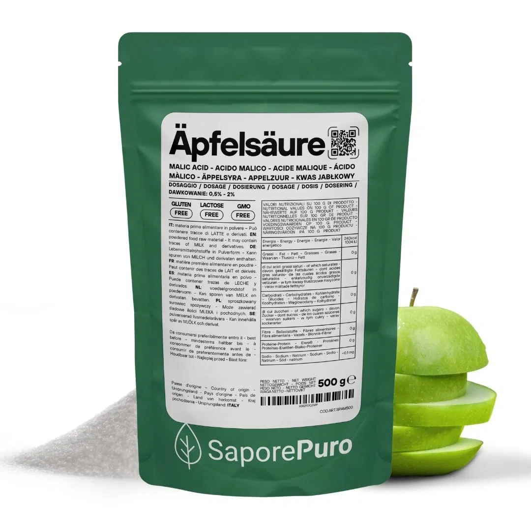 SaporePuro Apfelsäure Pulver 500 g | Hohe Löslichkeit und Säuerlicher Geschmack | Ideal für Getränke, Desserts und Nahrungsergänzungsmittel | Lebensmittelqualität | Glutenfrei