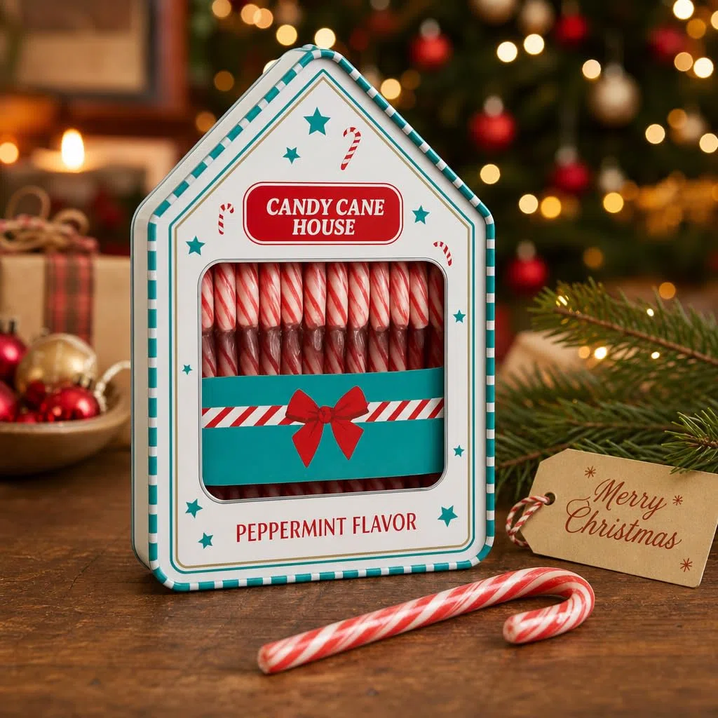 MIJOMA Candy Cane House 2er Set - 28 Zuckerstangen in dekorativer Blechdose - Pfefferminzgeschmack - vegan halal glutenfrei - mit natürlichen Farbstoffen -2x168g
