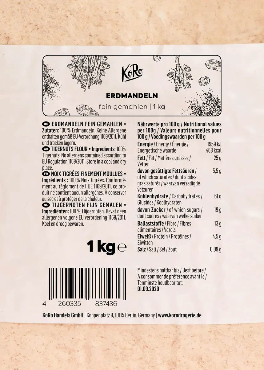 KoRo - Erdmandeln fein gemahlen 1 kg - Aus ungerösteten und geschälten Erdmandeln naturbelassen und ohne Zusätze und dabei allergen- und glutenfrei