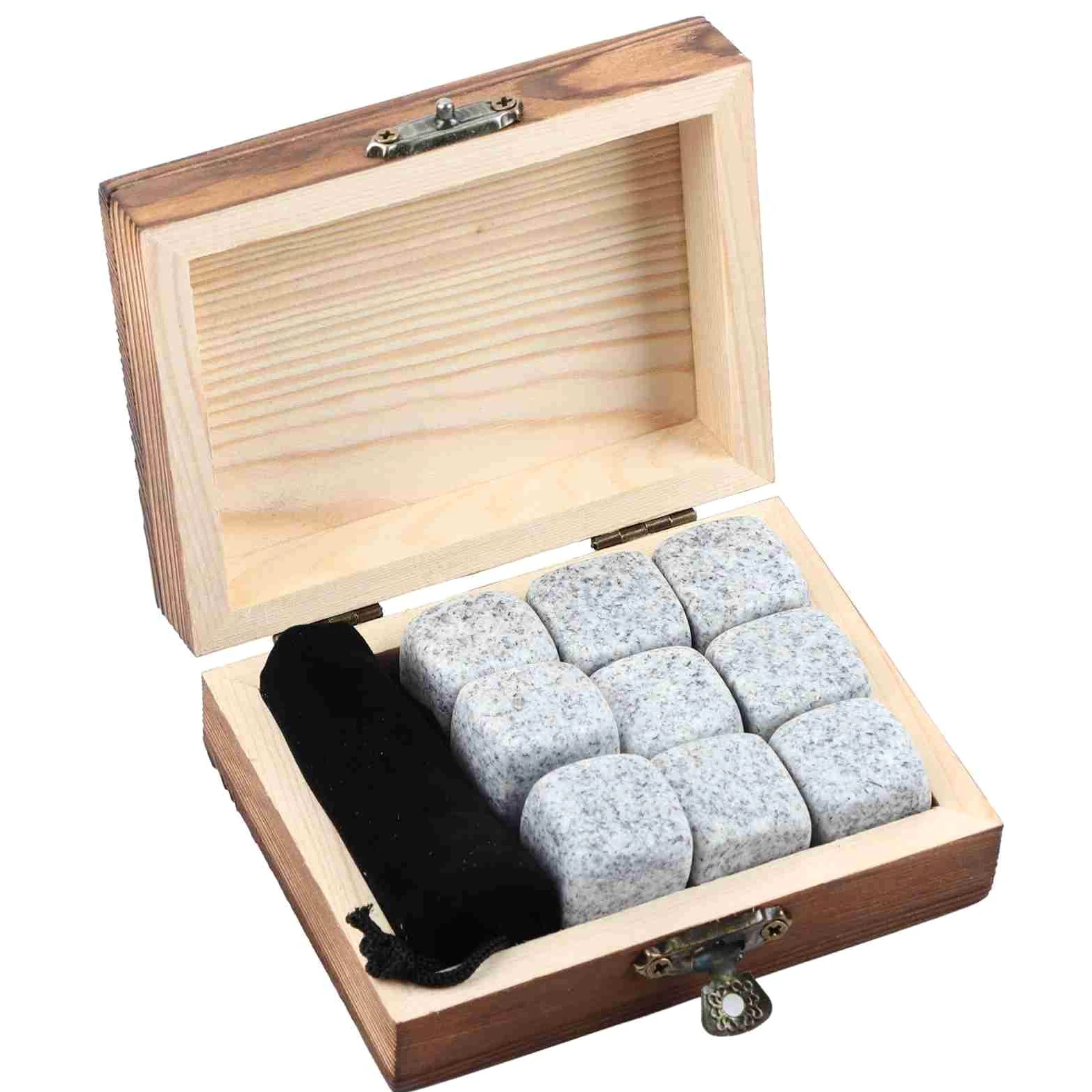 Whisky Steine Set, 9 Stück Kühlsteine, Wiederverwendbare Eiswürfel, Geschenkset aus Granit, Kühlwürfel mit Holzbox (weiß)