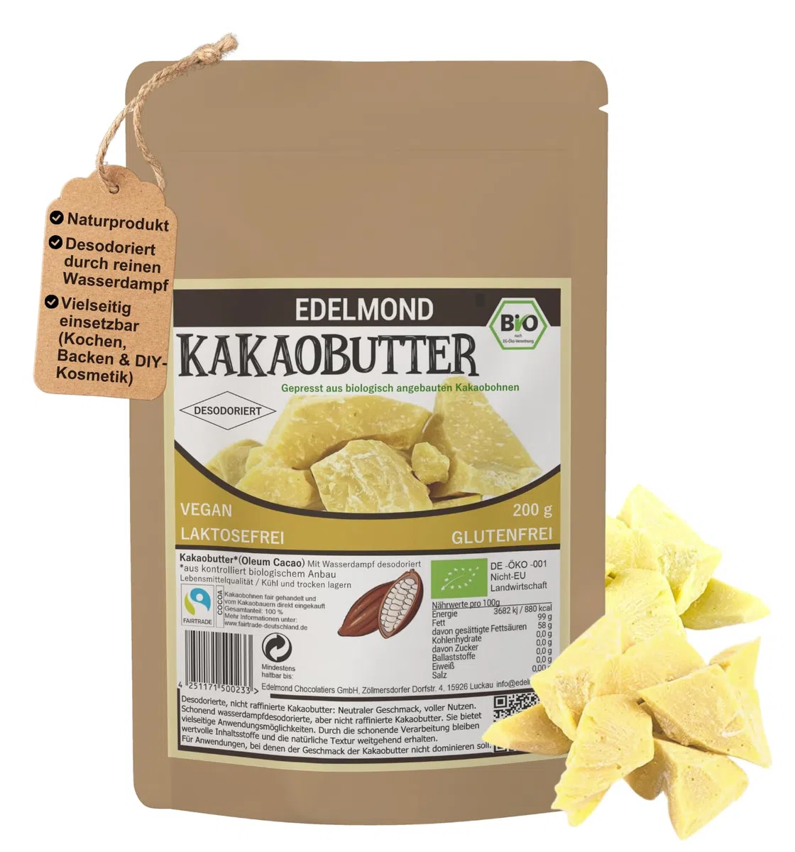 100 % Bio-Kakaobutter – 200 g – Lebensmittelqualität – Wasserdampf-desodoriert – Vegan & Glutenfrei – Ohne Zusatzstoffe – Ideal zum Backen & DIY