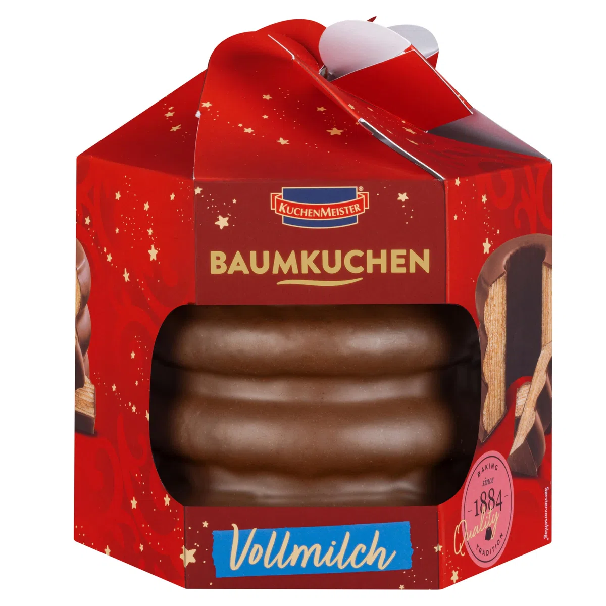 KuchenMeister Baumkuchen Vollmilch Schokolade 300 g - Zarte Teigschichten umhüllt von köstlicher Vollmilchschokolade, in Geschenk Schachtel (1 x 300 g)