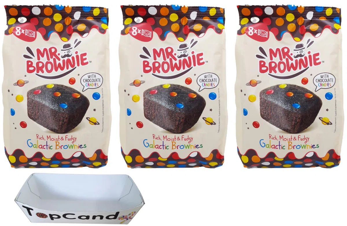 Mr. Brownie Galactic Brownies Probierpaket 3 x 200g Mit Topcandy Snack Schale | 8 Brownies Je Packung | Köstliches Feingebäck Vorteilspackung | Süßer Snack Zum Teilen