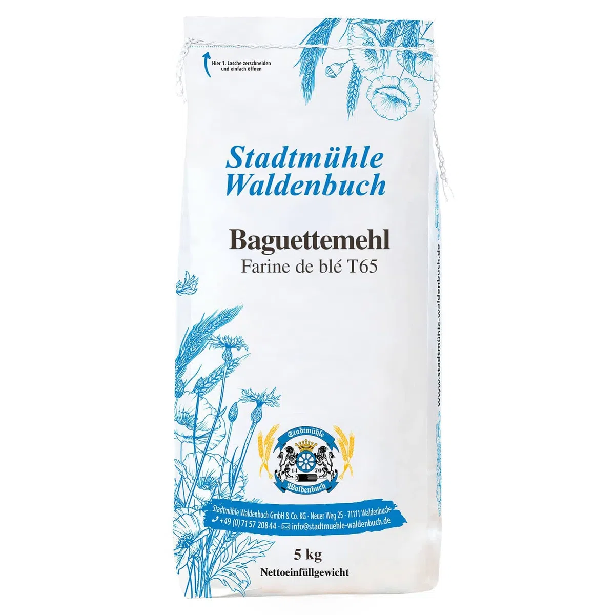 Stadtmühle Waldenbuch Baguettemehl, Farine de blé T65, Baguette de tradition française, 5 kg