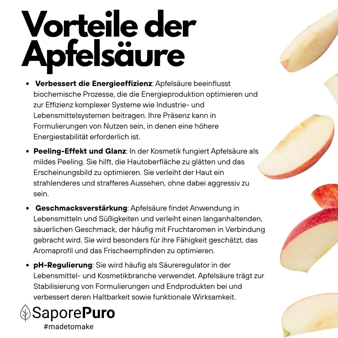 SaporePuro Apfelsäure Pulver 500 g | Hohe Löslichkeit und Säuerlicher Geschmack | Ideal für Getränke, Desserts und Nahrungsergänzungsmittel | Lebensmittelqualität | Glutenfrei