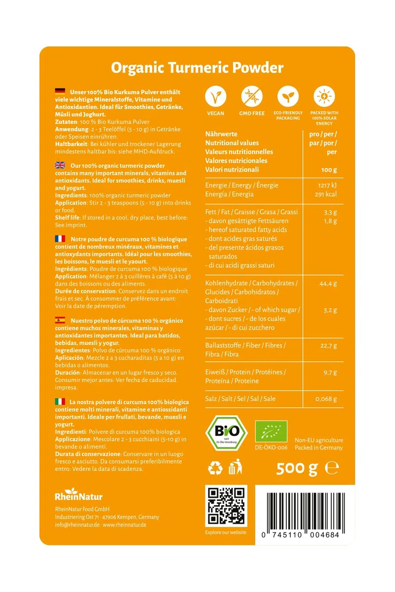 RheinNatur Bio Kurkuma Pulver 500 g - 100% fein gemahlene Kurkumawurzel