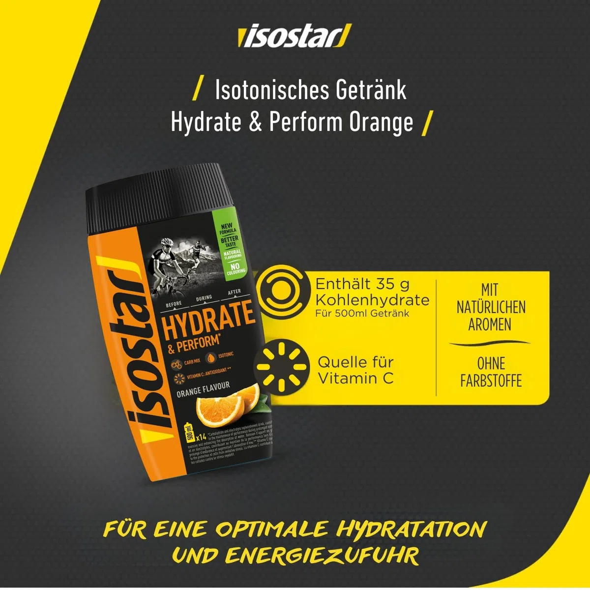 ISOSTAR – Hydrate & Perform Orange – Isotonisches Sportgetränk mit Energie, Elektrolyten & Vitamin C/B1 – Für Laufen, Radfahren & Trail – 560 g + Trinkflasche 650 ml
