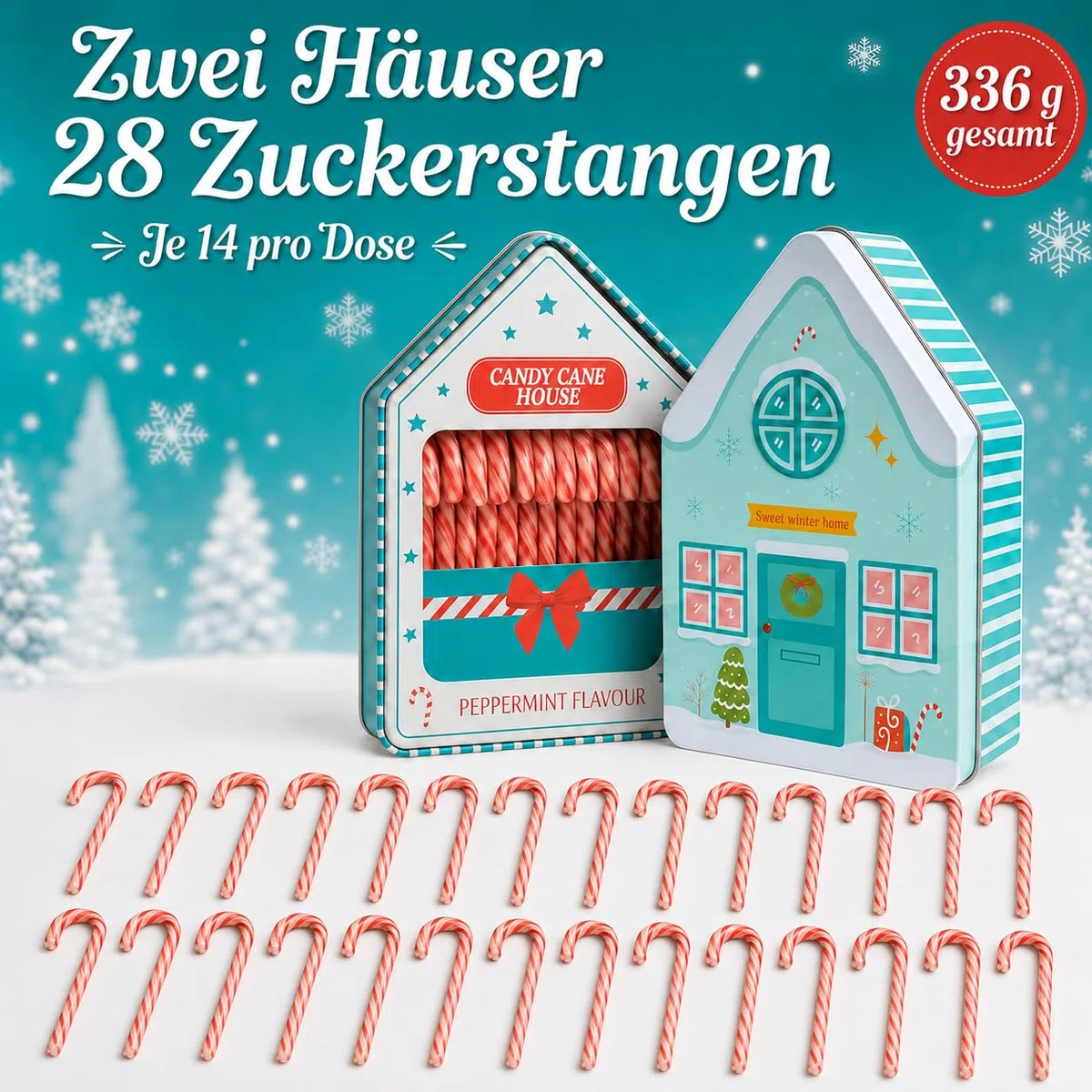 MIJOMA Candy Cane House 2er Set - 28 Zuckerstangen in dekorativer Blechdose - Pfefferminzgeschmack - vegan halal glutenfrei - mit natürlichen Farbstoffen -2x168g