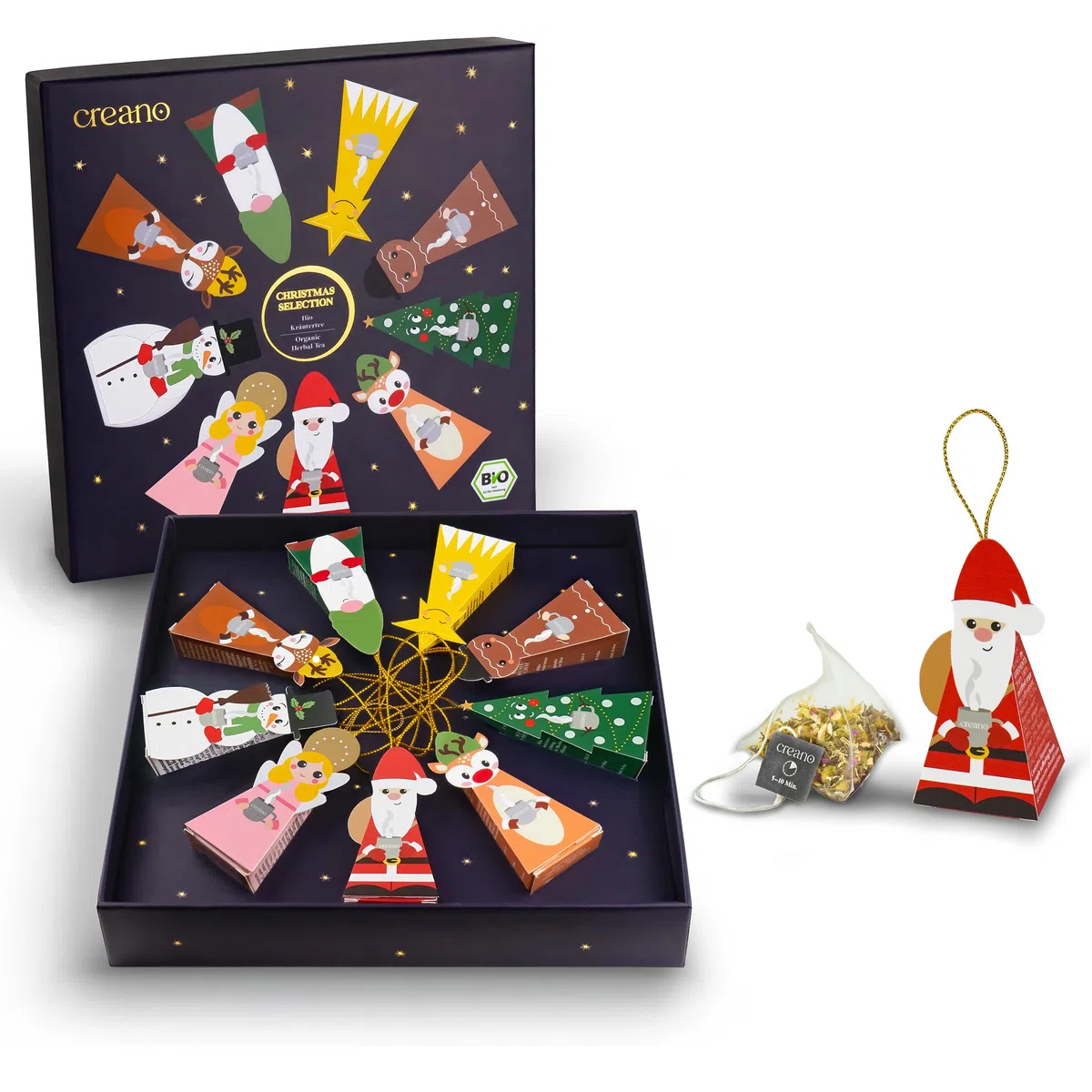 Creano Bio Wintertee Geschenkset „Niedliche Weihnachtsfiguren“ - 9 Pyramiden-Teebeutel in 9 unterschiedlichen Sorten - 22,5g - Weihnachtstee*