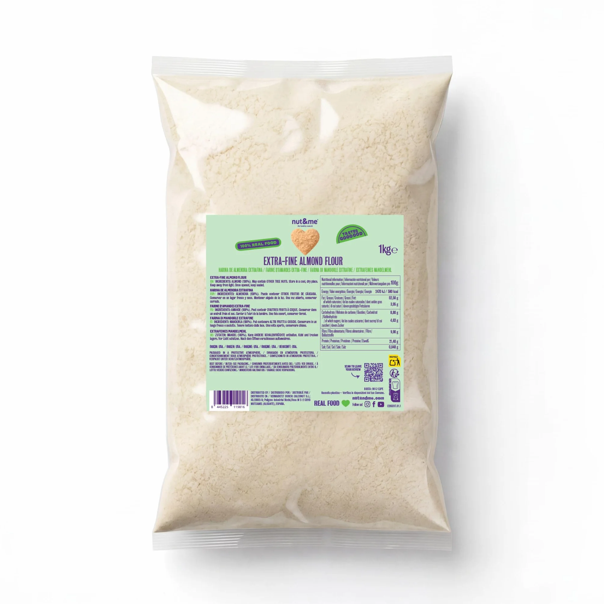Mandelmehl 1 kg nut&me | Gemahlene Blanchierte Mandeln | Geeignet für ketogene Diäten | Glutenfrei | Vegan | Hoher Proteingehalt | Extrafein | Ideal zum Backen |