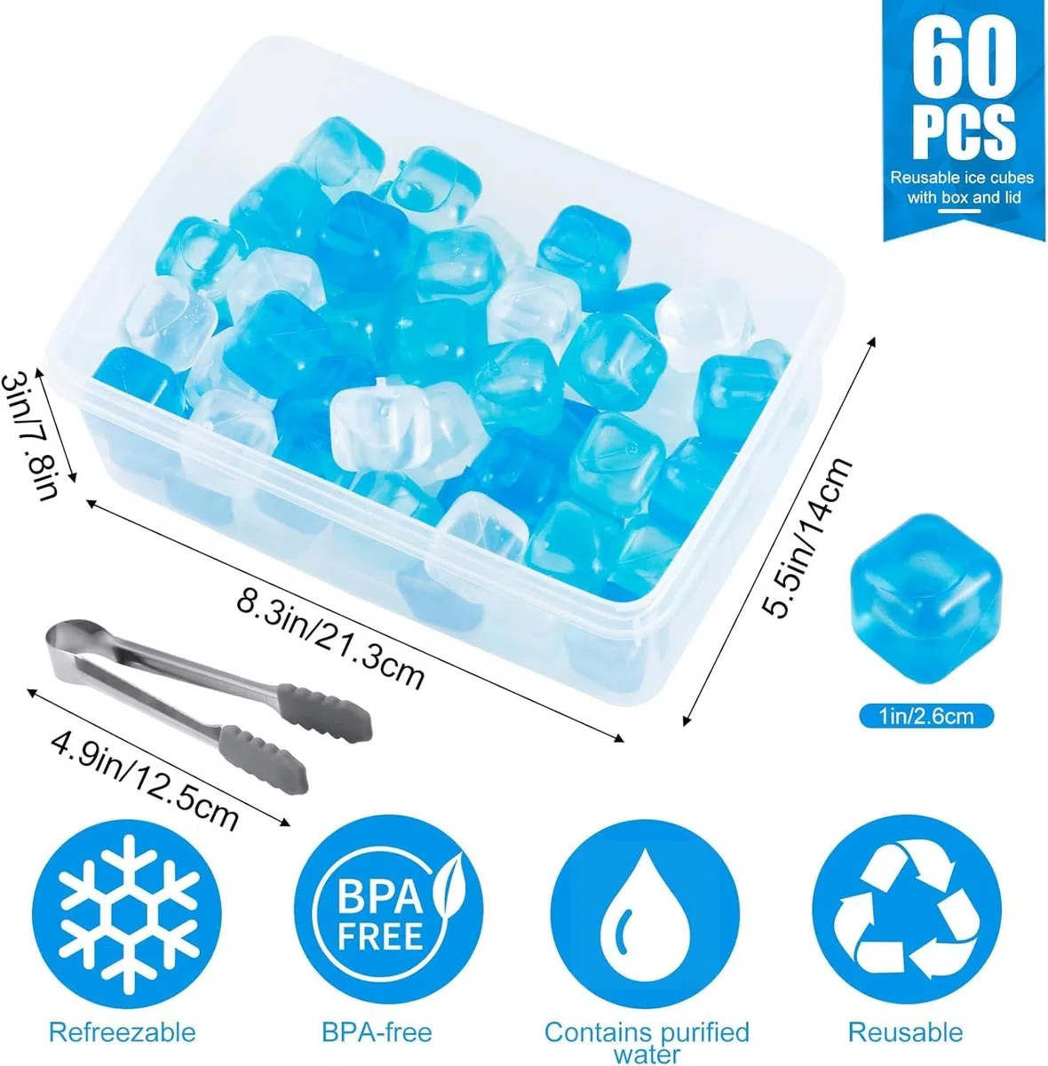 60 Stück Eiswürfel wiederverwendbar, Party-Eiswürfel bunt 2.54cm, mit Box Eisklemme Getränke (Blau und Weiß)
