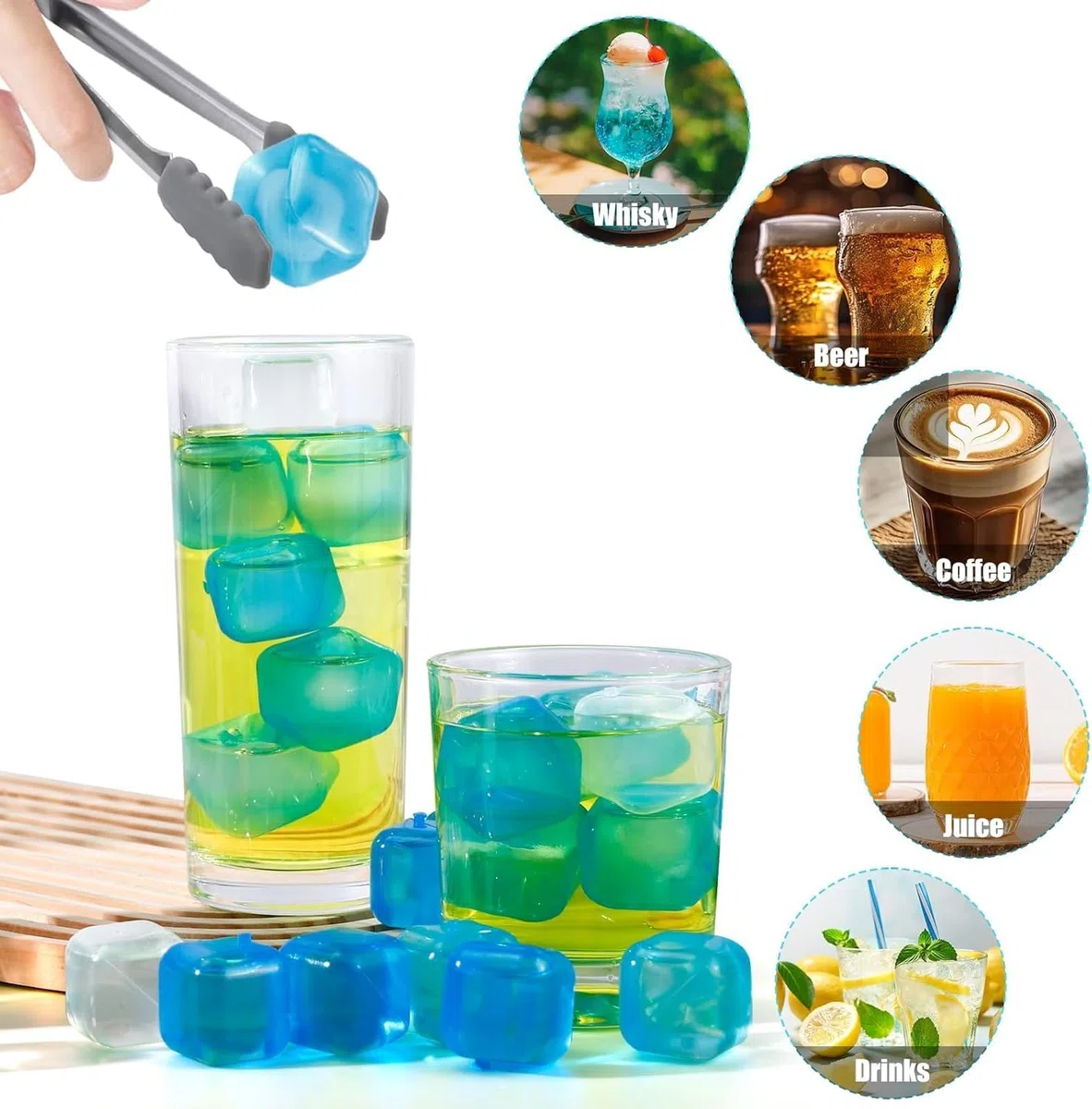 60 Stück Eiswürfel wiederverwendbar, Party-Eiswürfel bunt 2.54cm, mit Box Eisklemme Getränke (Blau und Weiß)