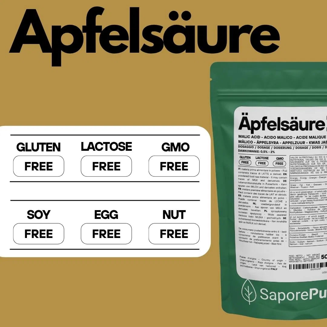 SaporePuro Apfelsäure Pulver 500 g | Hohe Löslichkeit und Säuerlicher Geschmack | Ideal für Getränke, Desserts und Nahrungsergänzungsmittel | Lebensmittelqualität | Glutenfrei