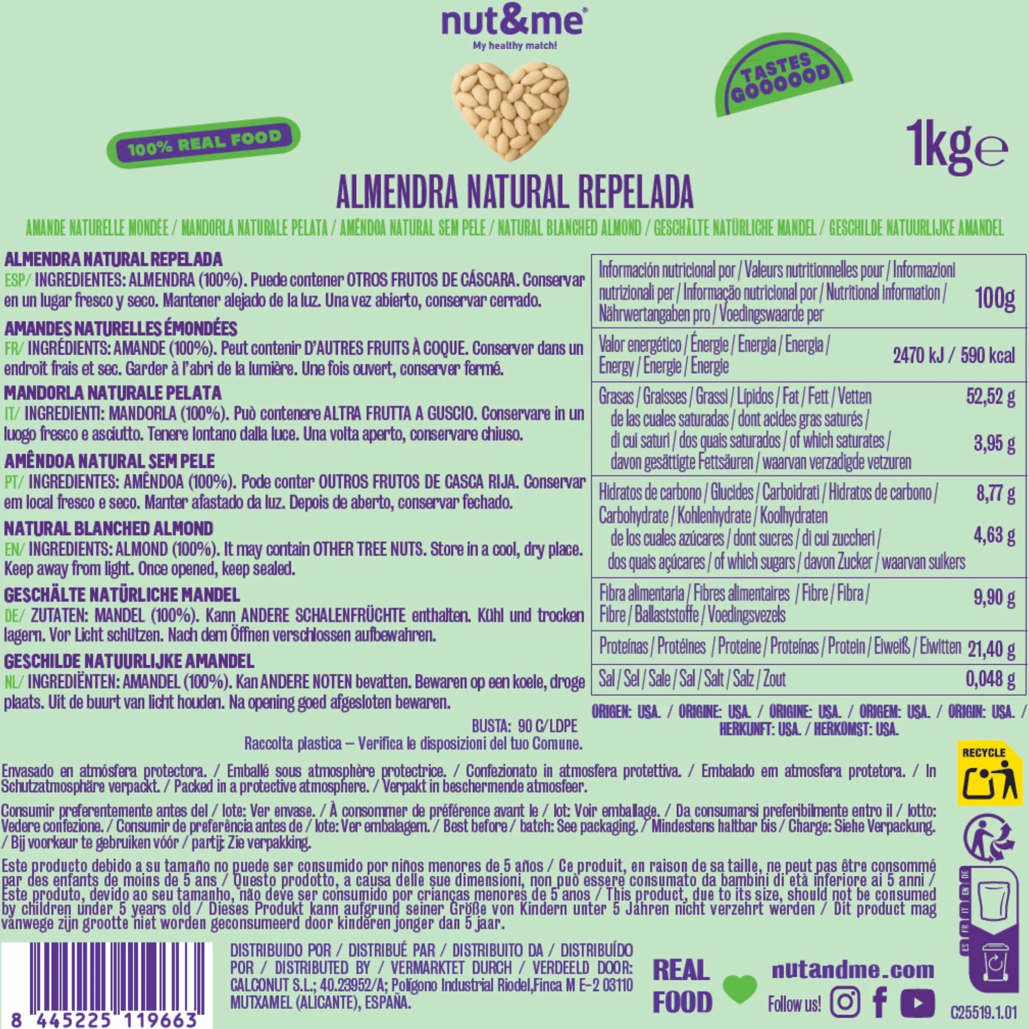 nut&me Blanchierte ganze Mandeln 1 kg | Gentechnikfrei | Roh und nicht pasteurisiert | Ungesalzen | Keto | Paleo | Koscher | Bulk, |Reich an Proteinen, Ballaststoffen