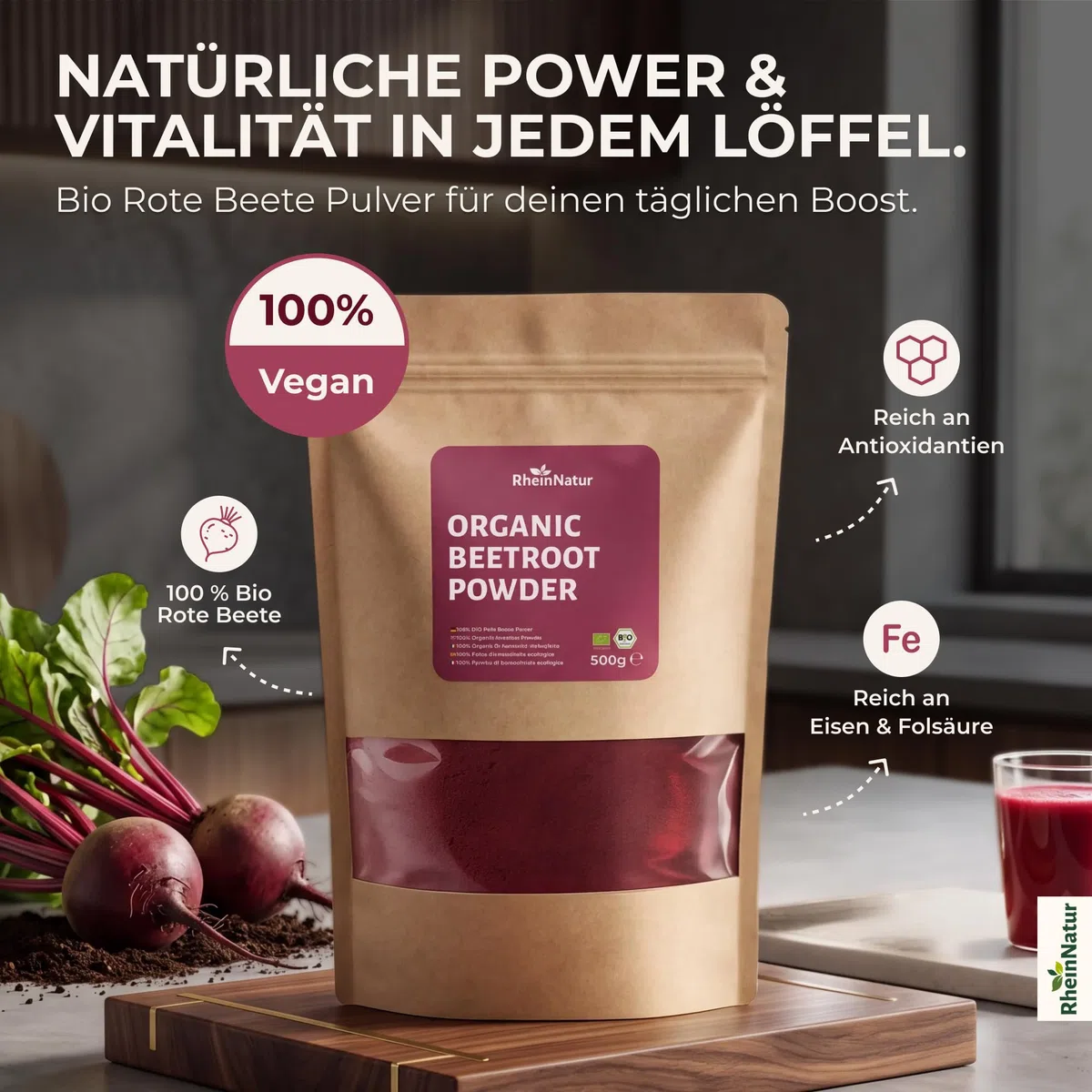 RheinNatur Bio Rote Beete Pulver 500 g – 100% Rote Beete, vegan, natürlich, ideal für Smoothies & Getränke, Bio-Qualität