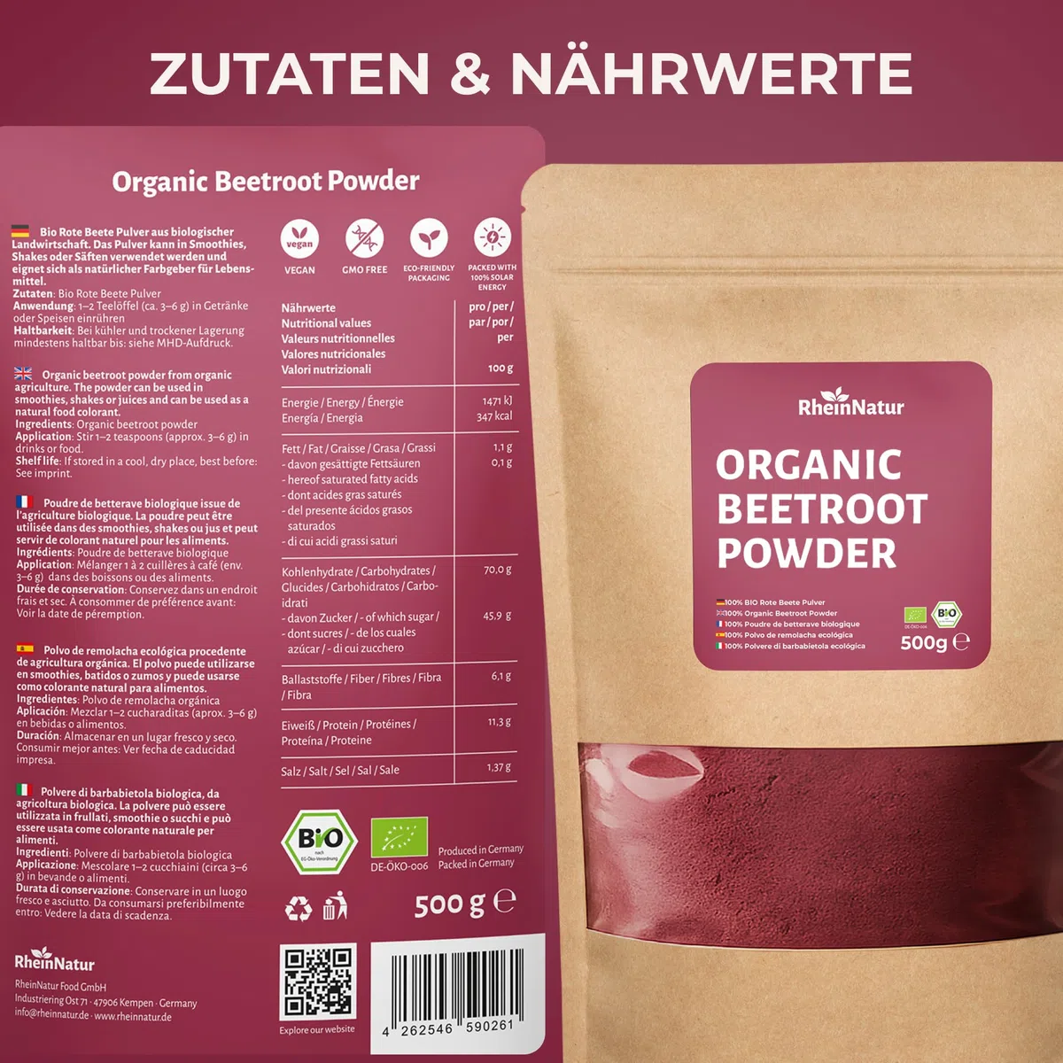 RheinNatur Bio Rote Beete Pulver 500 g – 100% Rote Beete, vegan, natürlich, ideal für Smoothies & Getränke, Bio-Qualität