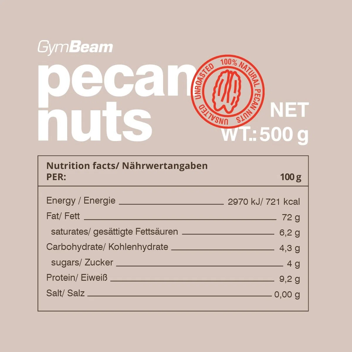GymBeam Pekannuesse (500g) - Ungesalzen, süßer Geschmack & würziges Aroma, reiche Quelle von Omega-3 & Omega-6, enthalten Vitamine & Mineralien, vielseitige verwendbar, Pekannusskerne