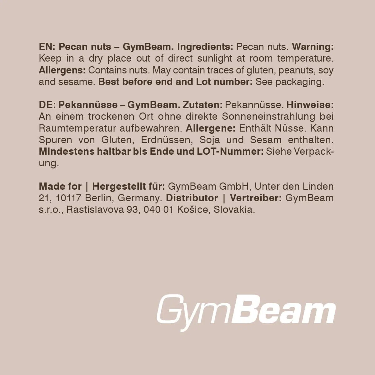 GymBeam Pekannuesse (500g) - Ungesalzen, süßer Geschmack & würziges Aroma, reiche Quelle von Omega-3 & Omega-6, enthalten Vitamine & Mineralien, vielseitige verwendbar, Pekannusskerne