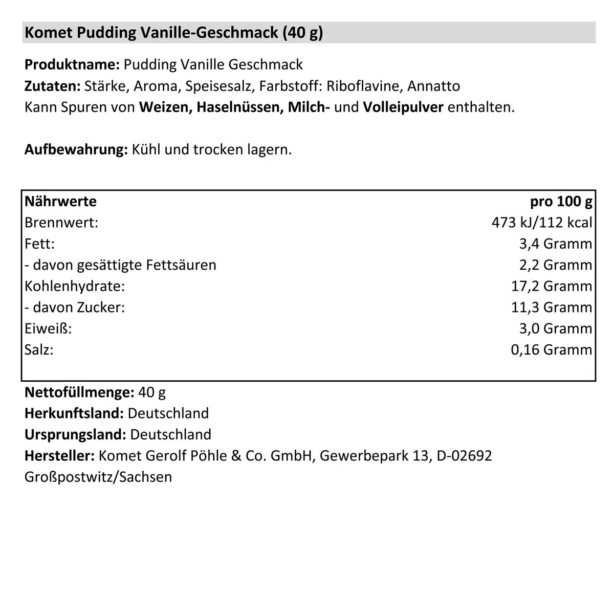 20er Pack Komet Pudding Vanille-Geschmack (20 x 40 g) Puddingpulver Puddingdessert Dessert Dessertpulver