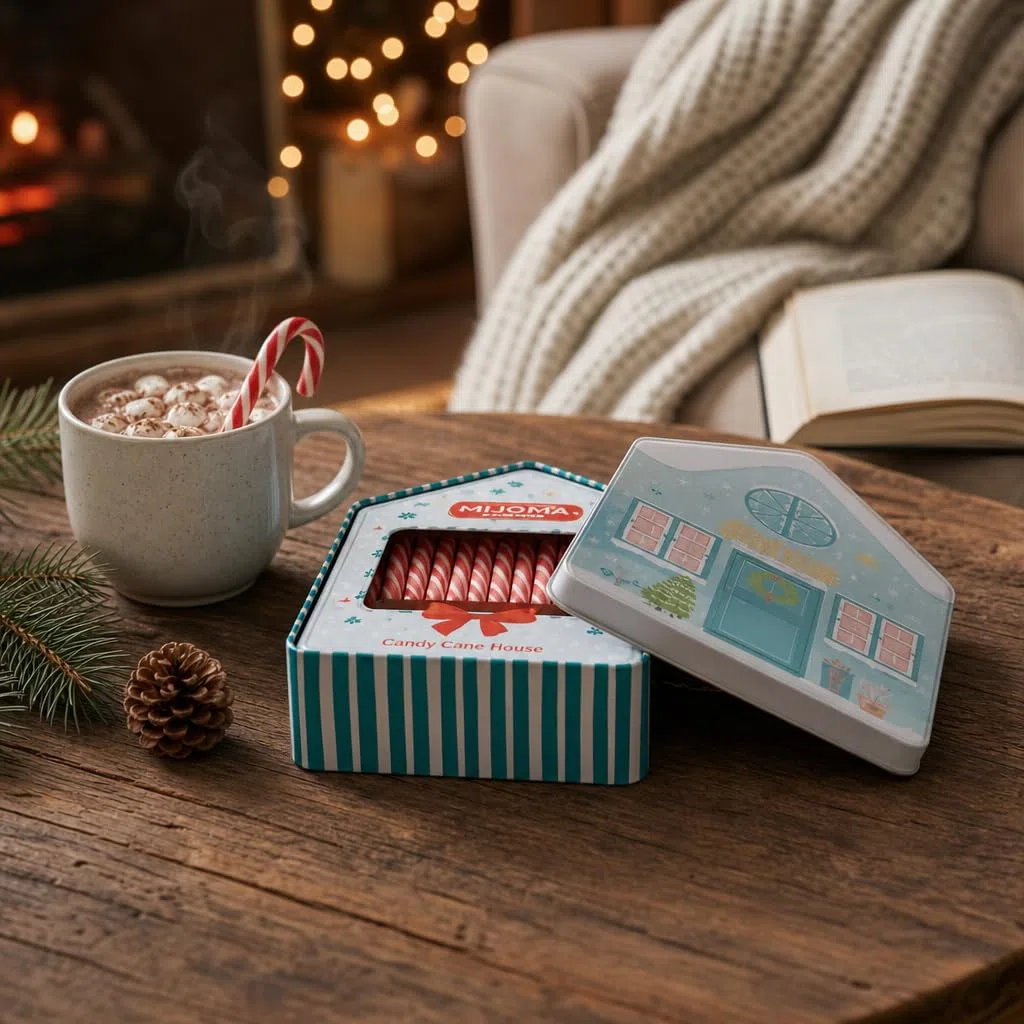 MIJOMA Candy Cane House 2er Set - 28 Zuckerstangen in dekorativer Blechdose - Pfefferminzgeschmack - vegan halal glutenfrei - mit natürlichen Farbstoffen -2x168g