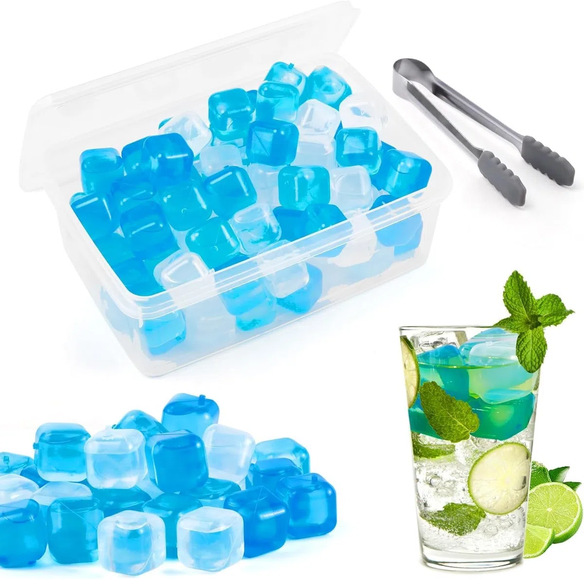 60 Stück Eiswürfel wiederverwendbar, Party-Eiswürfel bunt 2.54cm, mit Box Eisklemme Getränke (Blau und Weiß)