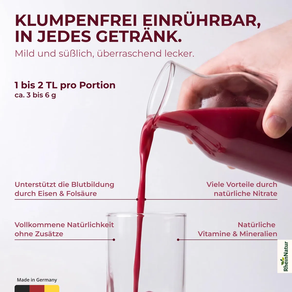 RheinNatur Bio Rote Beete Pulver 500 g – 100% Rote Beete, vegan, natürlich, ideal für Smoothies & Getränke, Bio-Qualität