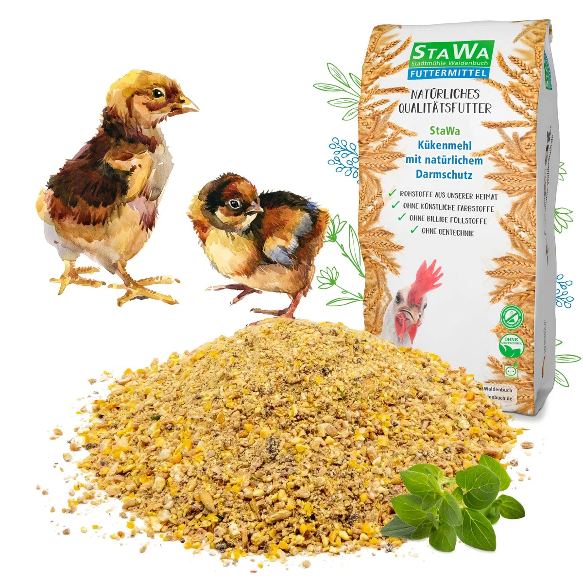 Kükenmehl Kükenaufzucht Alleinmehl, natürlicher Cocci-Schutz durch Majoran und Oregano-Öl, ohne Gentechnik, mit Leinschrot + Schwarzkümmel, Premium Kükenfutter für sichere Aufzucht, 5 kg