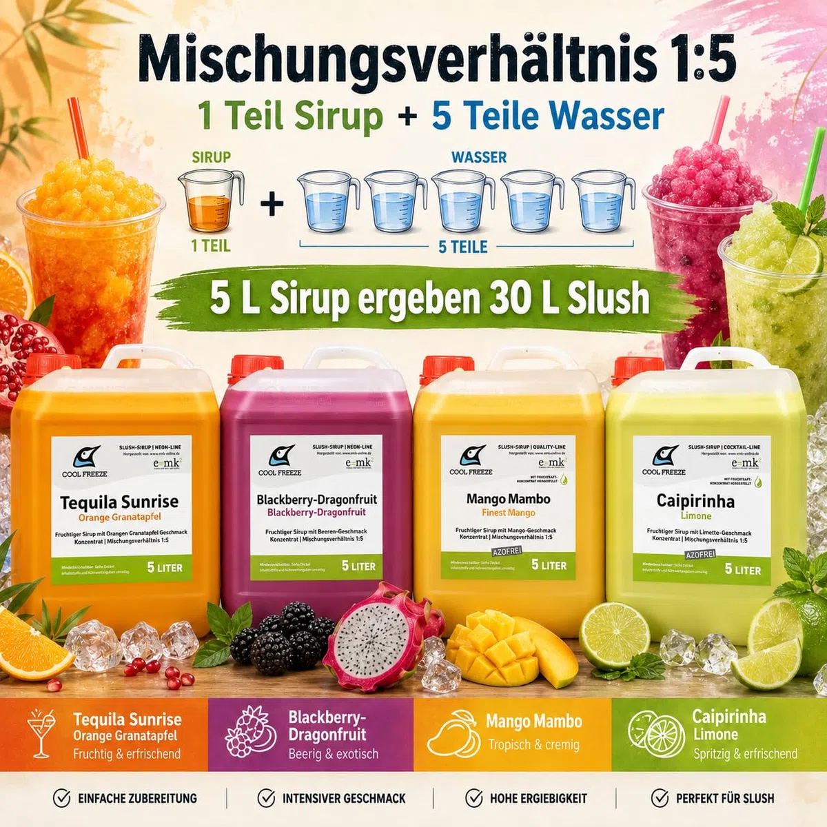 2 er Set Slush Eis Sirup | Drachenfrucht und Orange+Granatapfel aus Fruchtsaftkonzentrat | glycerin- und alkoholfrei + Deckelöffner