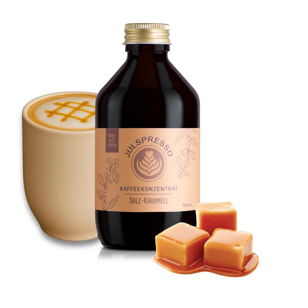 JULSPRESSO Kaffeekonzentrat - Salz-Karamell - warme Kaffeegetränke und Eiskaffee, für ca. 25 Tassen Kaffeegetränk pro Flasche (Salz-Karamell)