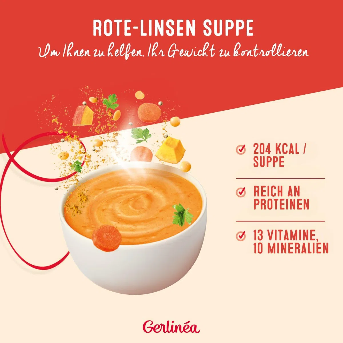 GERLINÉA – Suppe Rote Linsen & Curry – Proteinreicher Mahlzeitenersatz mit 13 Vitaminen & 10 Mineralstoffen – Wenig gesättigte Fette – 8 Mahlzeiten, Trockensuppe – 424 g