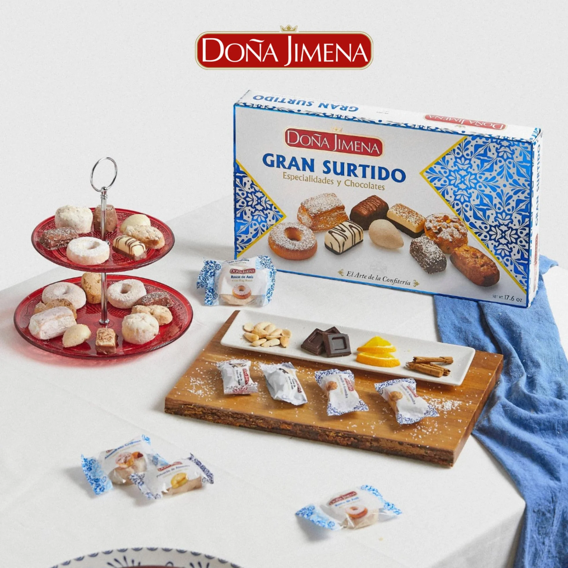 Doña Jimena | Großes Sortiment traditioneller Spezialitäten | Mini-Schokoladenpralinen | Típico-Bonbons | Mandeln | 1000 Gramm