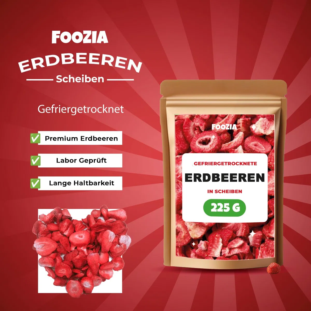 Erdbeeren gefriergetrocknet 225g Scheiben, Natürliche Getrocknete Erdbeere Ohne Zusätze 100% Pur - Gefriergetrocknete Früchte Snack - Gefriergetrocknete Trockenfrüchte von Foozia