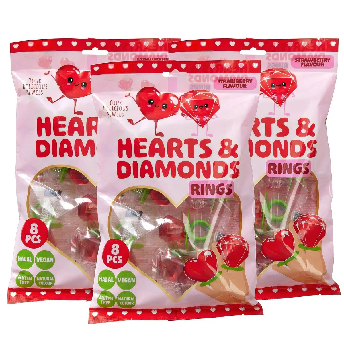 MIJOMA Lollipop-Ring Set 3x80 g – Erdbeer-Lutscher einzeln verpackt – Herz- sowie Diamantform – vegan halal glutenfrei für Candy-Bar und Feiern