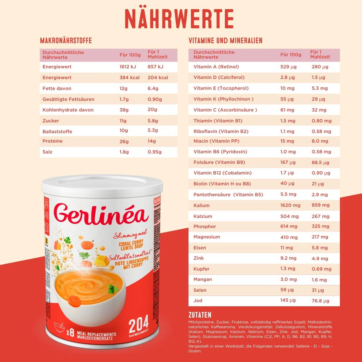 GERLINÉA – Suppe Rote Linsen & Curry – Proteinreicher Mahlzeitenersatz mit 13 Vitaminen & 10 Mineralstoffen – Wenig gesättigte Fette – 8 Mahlzeiten, Trockensuppe – 424 g